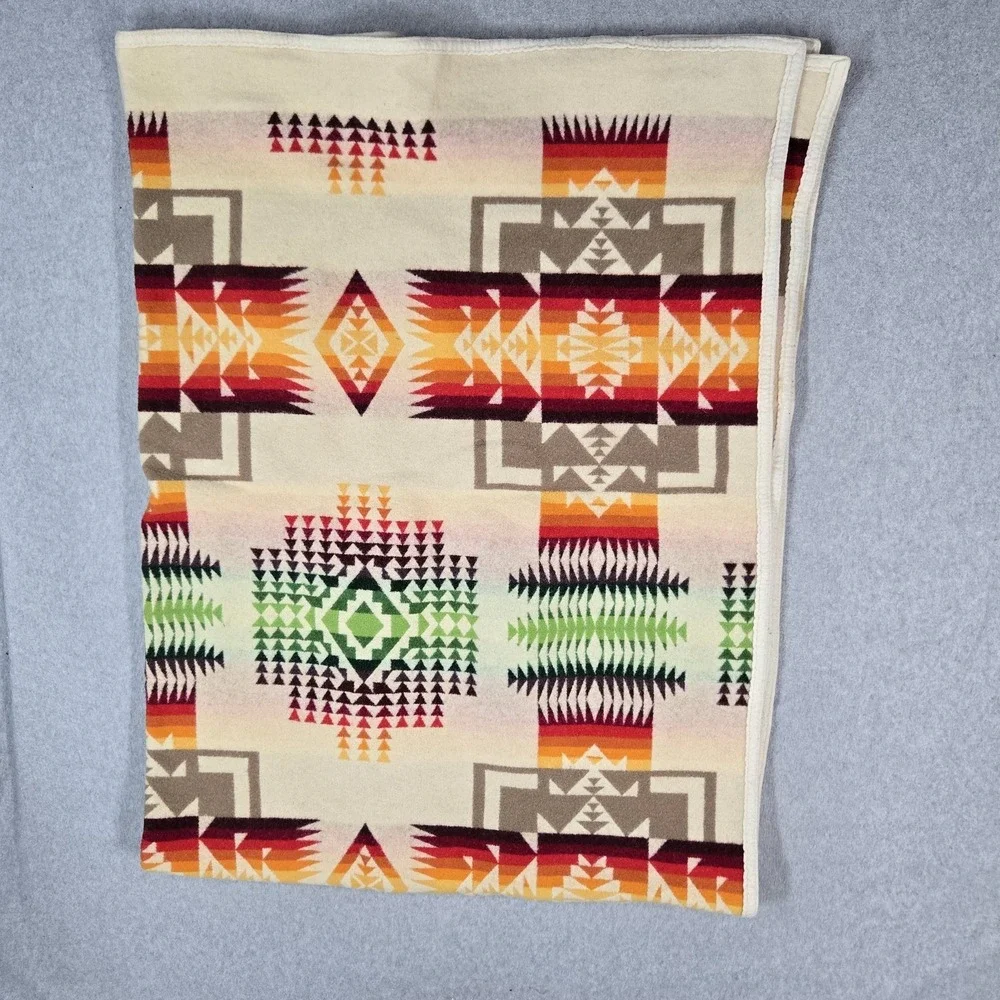 Pendleton Blanket 6x5 Beige Beaver State Wool Aztex Chief Joseph VINTAGE Throw
